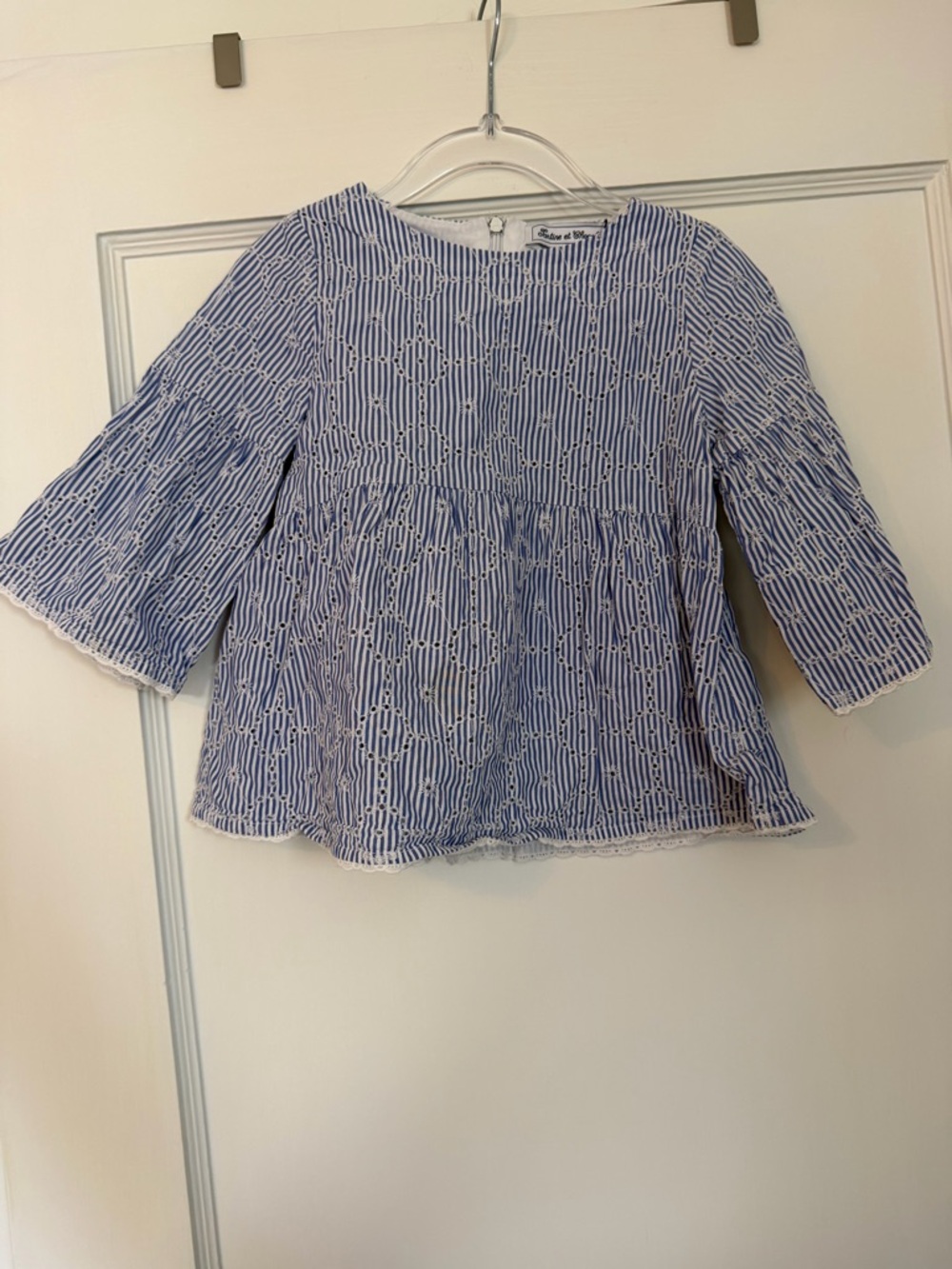 Tartine et Chocolat Blue and White Striped Lace-Trim Blouse